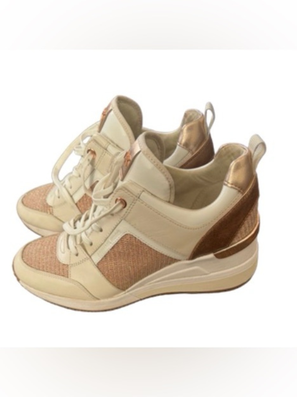The MICHAEL Michael Kors Olympia Mixed-Media Trainer in Optic White / Pale Gold